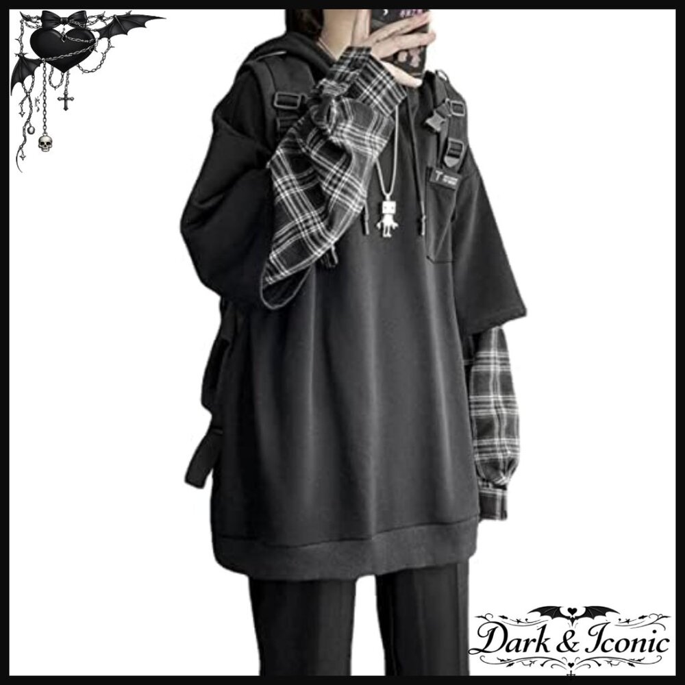 Oversized Vintage Hoodie Patchwork Pullover Emo S… - image 2